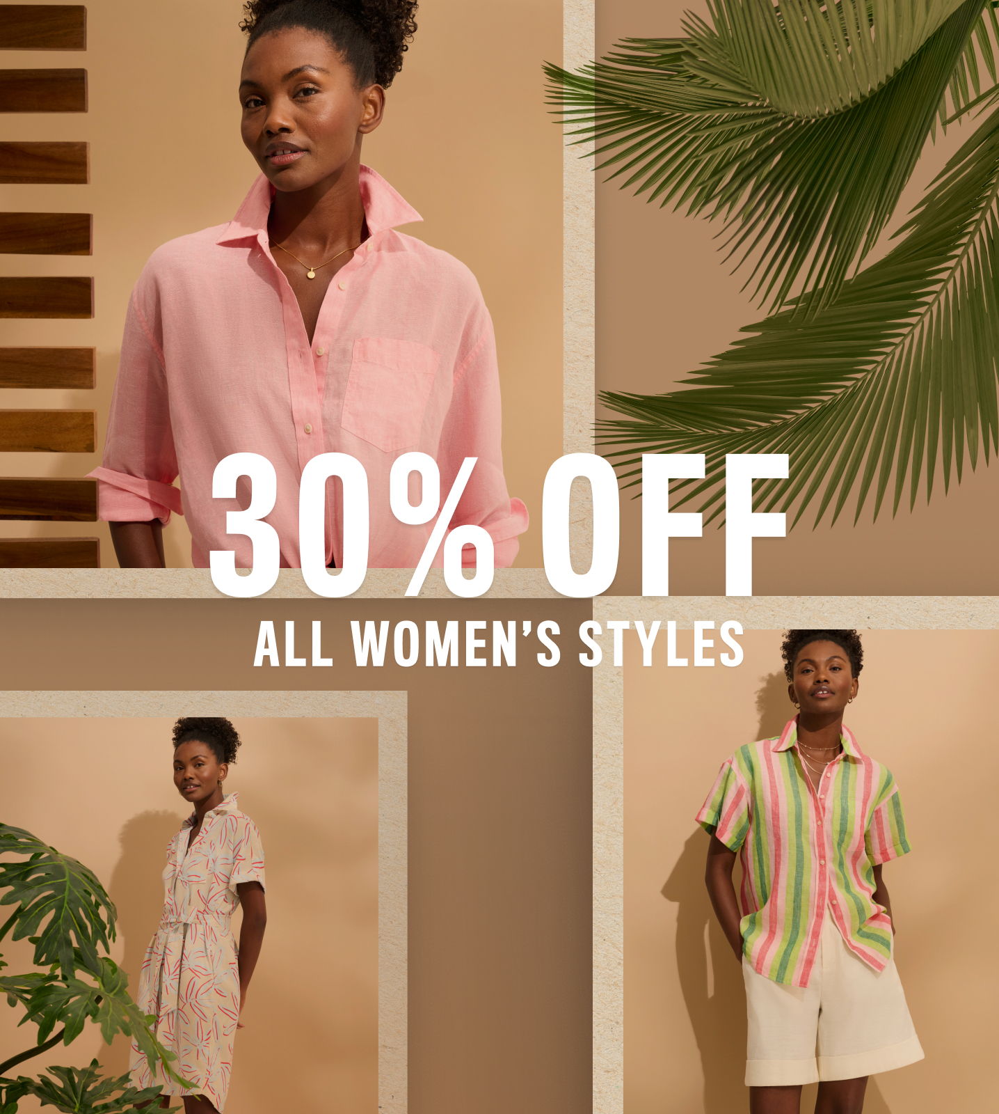 30% off all women's styles with models showcasing various outfits.