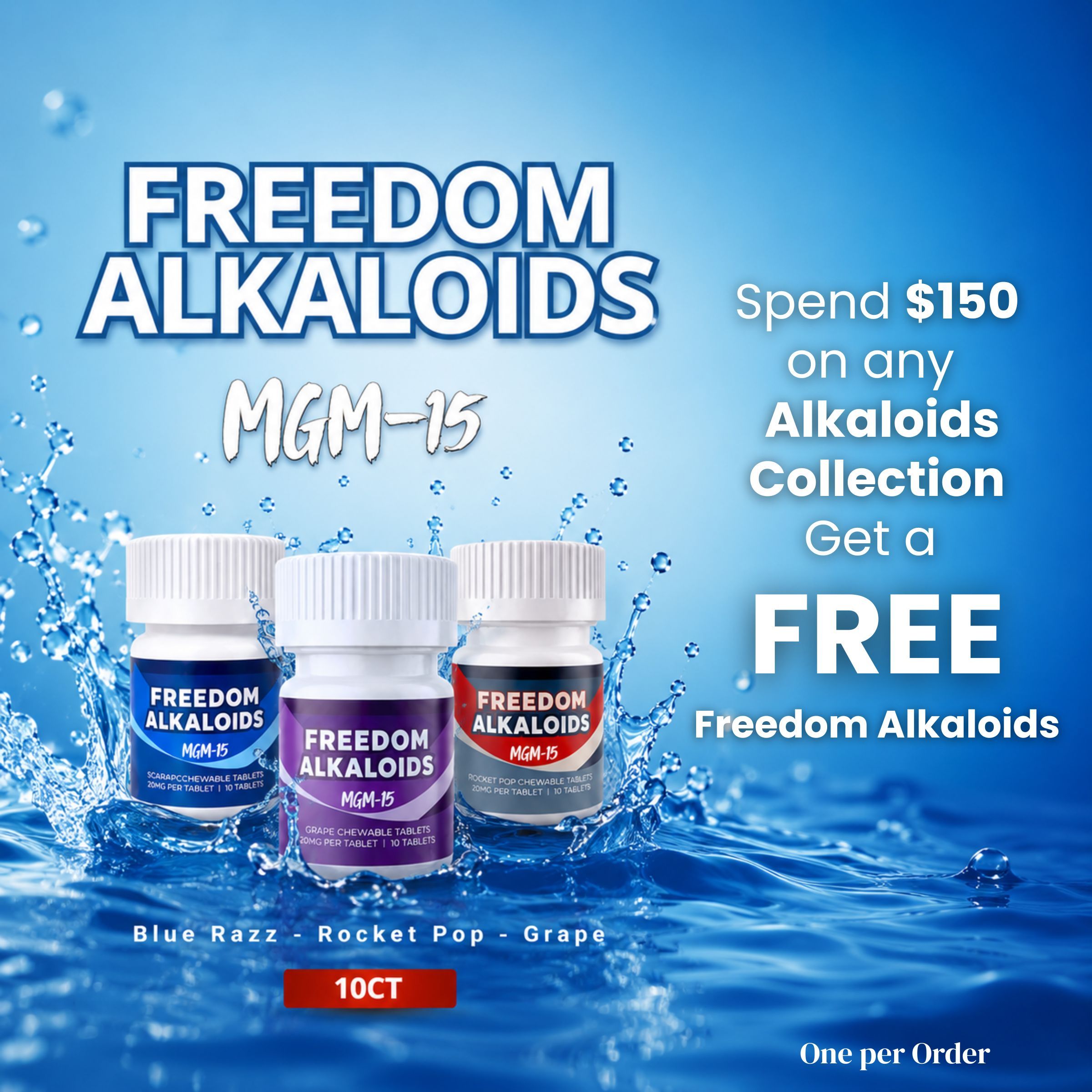 Promotion for Freedom Alkaloids with product bottles and water splash background.