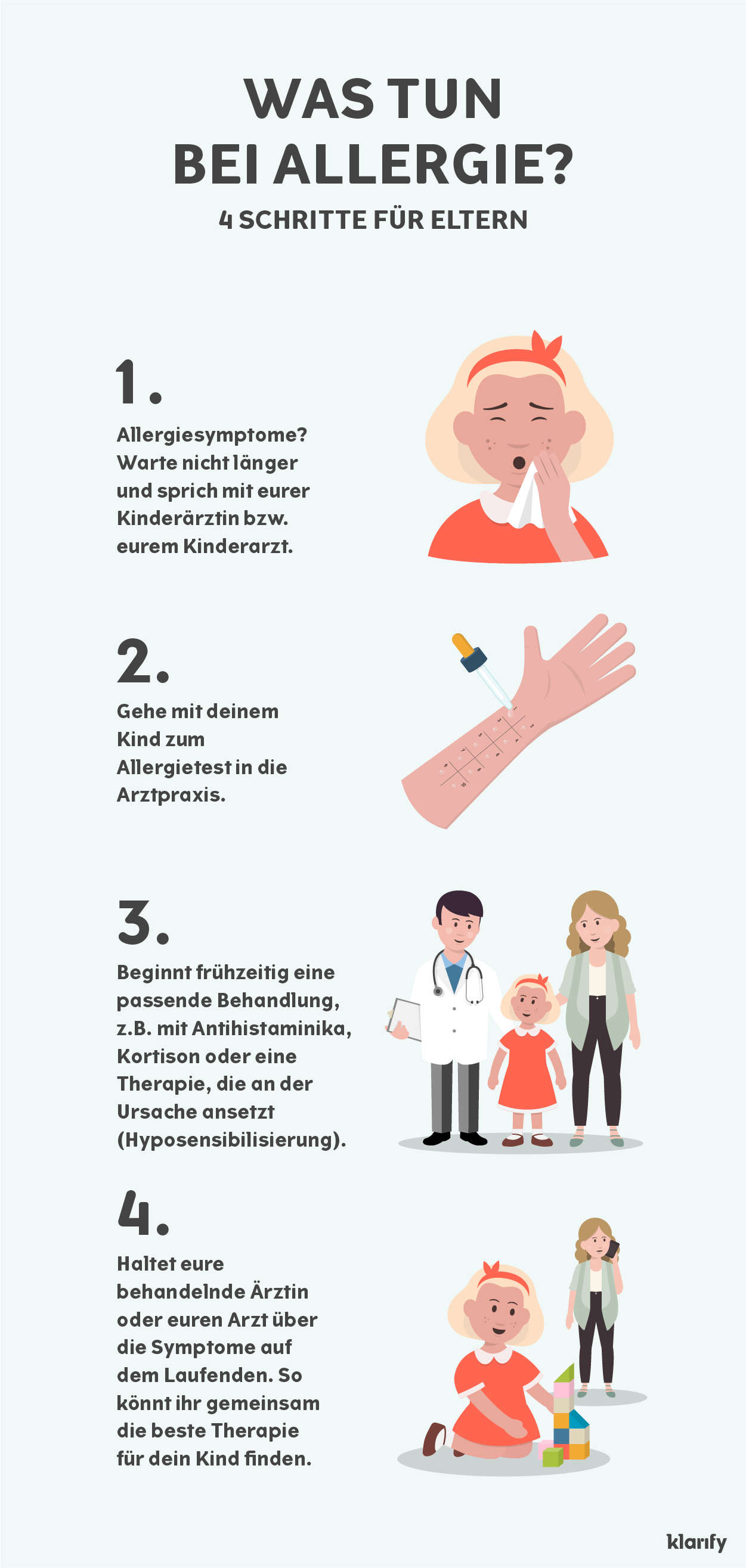  Infografik, die Eltern Schritt für Schritt zeigt, wie Kinder mit Allergiesymptomen diagnostiziert und behandelt werden können.