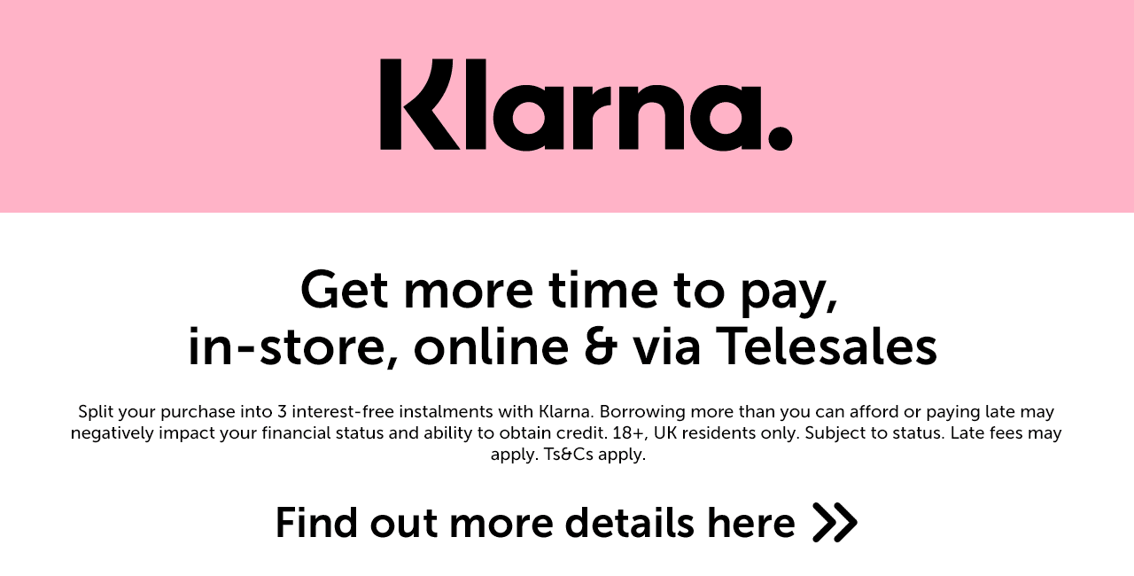 Klarna advertisement offering flexible payment options in-store, online, and via Telesales.