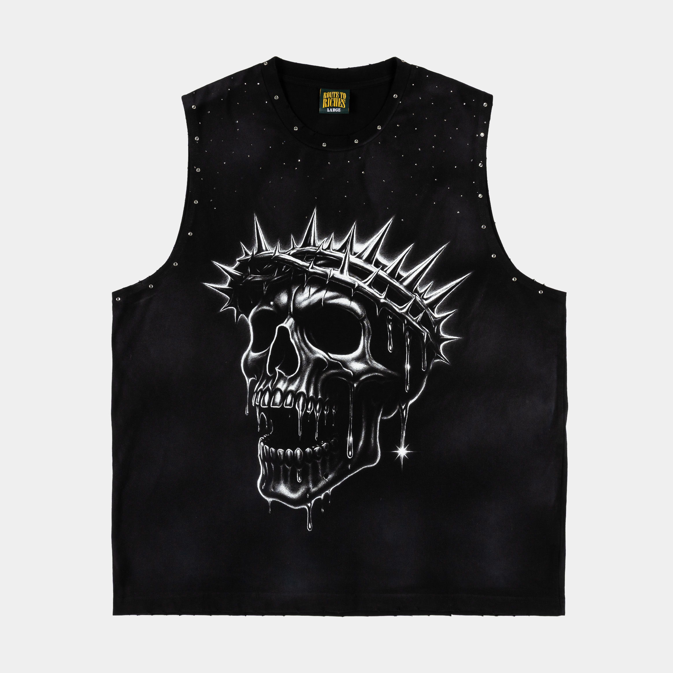 Black sleeveless shirt with skull and crown design.