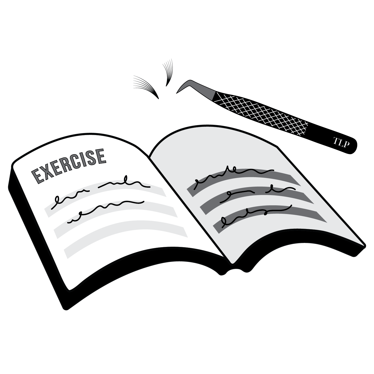 Exercise workbook with a tweezer and lash fans