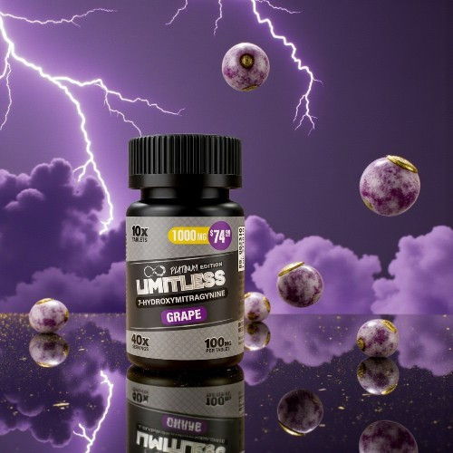 A bottle of grape-flavored supplement with a stormy purple background.