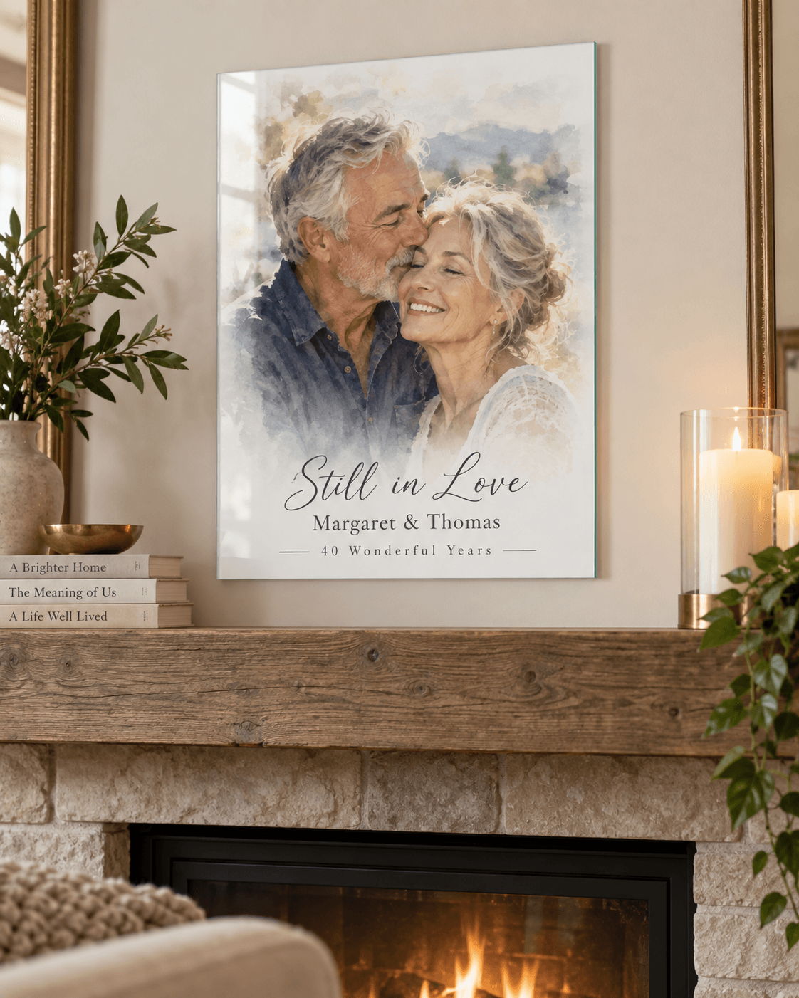 Couple embracing, smiling, with a framed artwork above a fireplace.
