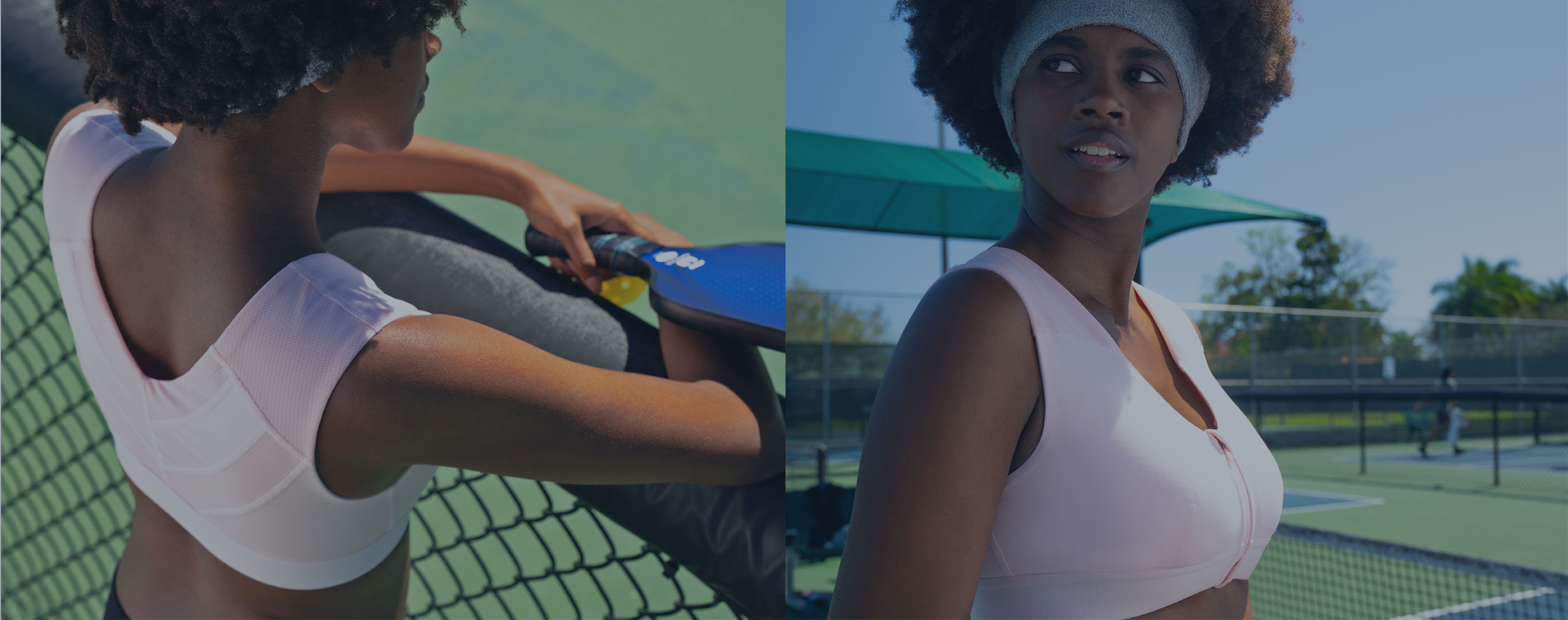 Woman in Shoulder Support Bra playing pickleball