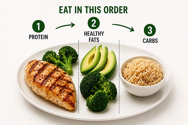 Plate showing food categories: protein, healthy fats, and carbs with instructions.