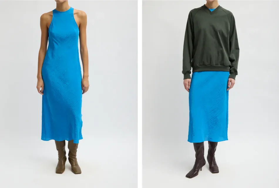 Two outfits featuring a blue dress styled differently.