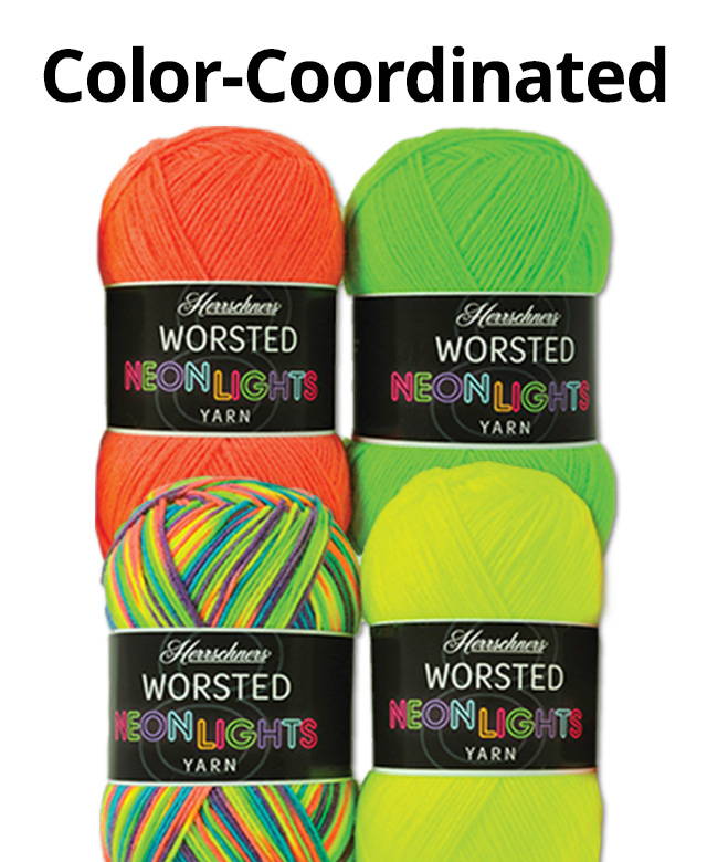 Color-Coordinated Yarn Packs. Image: Herrschners Worsted Neon Lights Yarn Pack.
