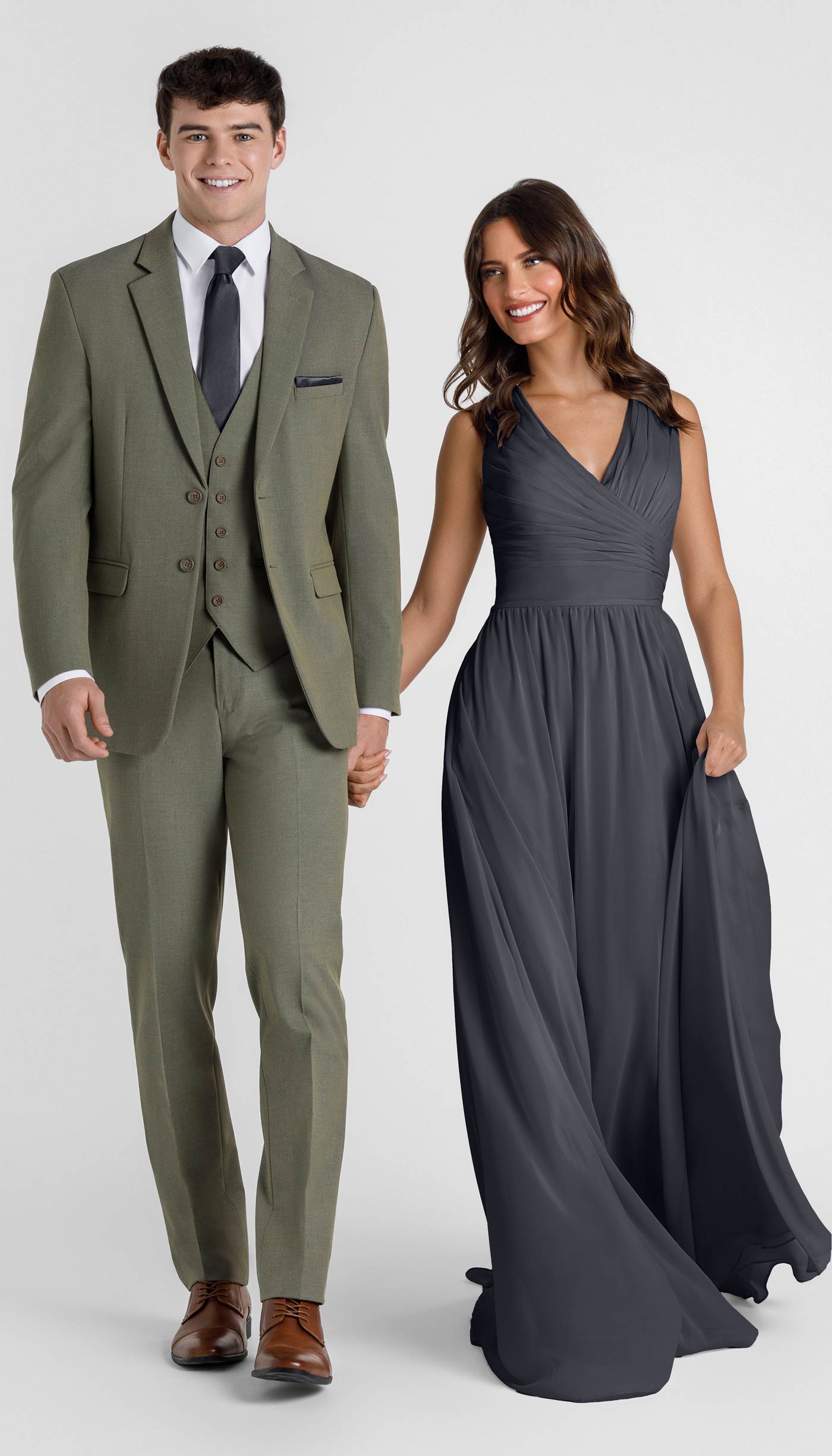 Sage Suit with Steel Blue Bridesmaid Dress