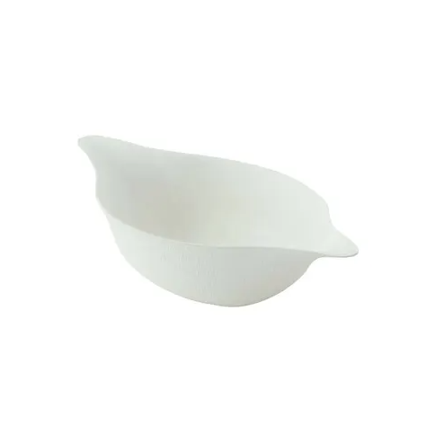An oval shaped white sugarcane sauce cup