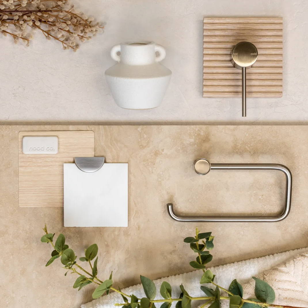 Flat lay mood board featuring tiles, tap ware, flooring, paint and Scandinavian Luxe style inspiration