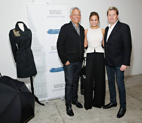 Chrissy Teigen in Badgley Mischka jumpsuit BMS9000 at the launch of Badgley Mischka’s London Fog collaboration with designers Mark Badgley and James Mischka.