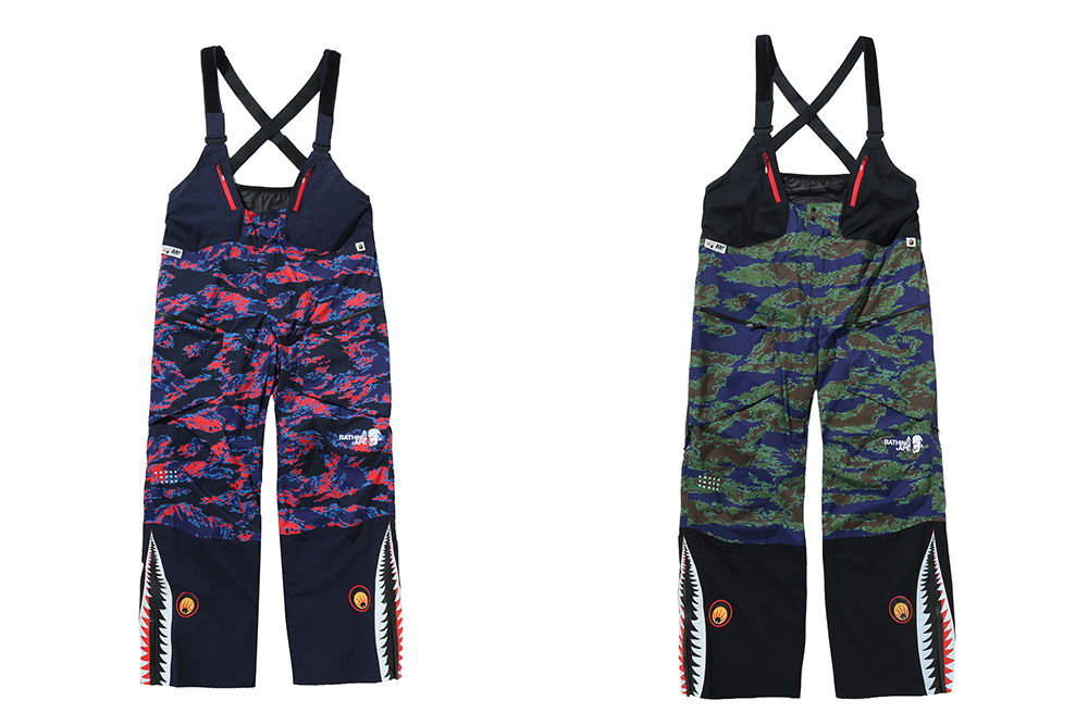 Two pairs of patterned overalls, one in pink and blue, the other in green and navy.