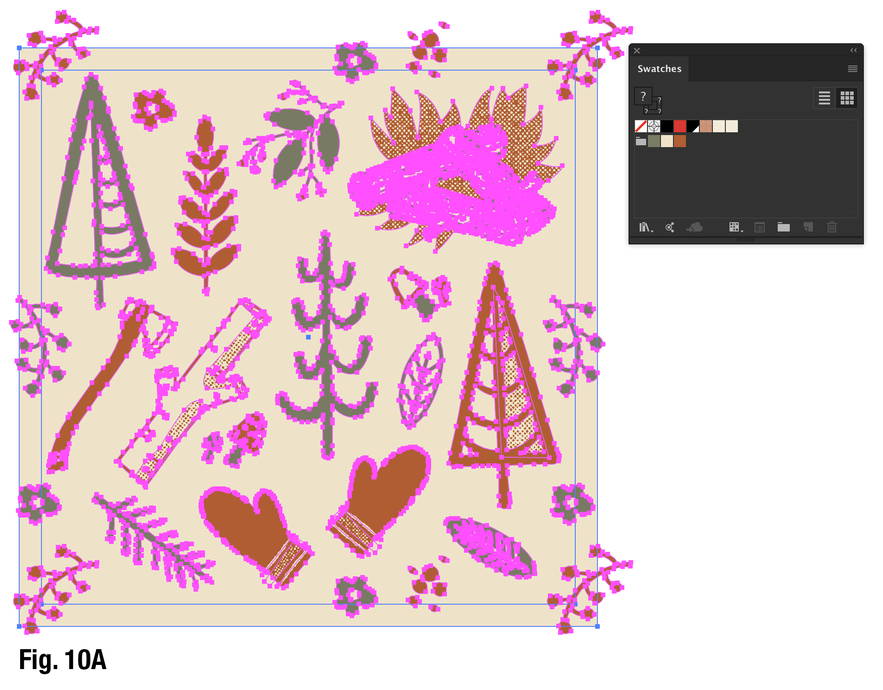 Figure 10A an Illustrator artboard of forest and camping motifs which are all selected. To the right is the Swatches window.
