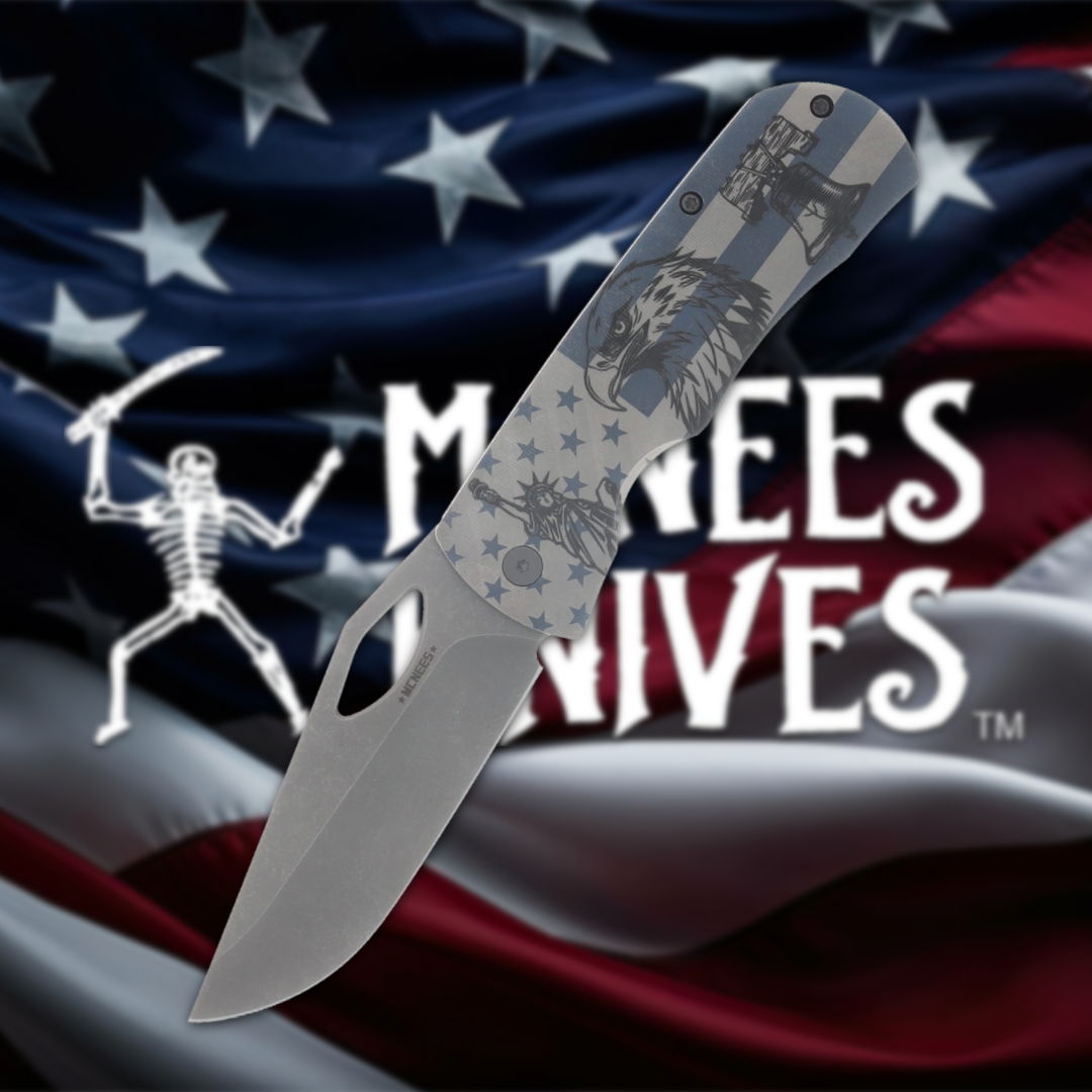 A knife in front of an American flag background with a logo.