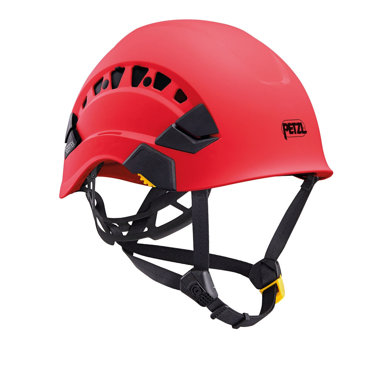 Red safety helmet with black straps and ventilation holes.