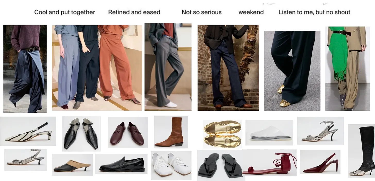 Fashion outfit combinations featuring various pants and shoes.