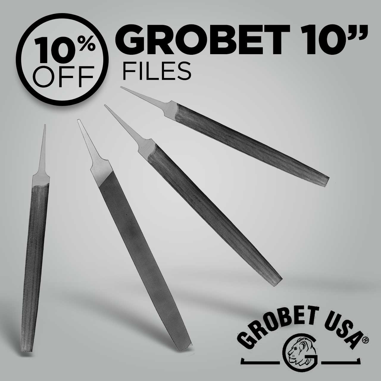 Promotional image for Grobet 10-inch files with a 10% discount.