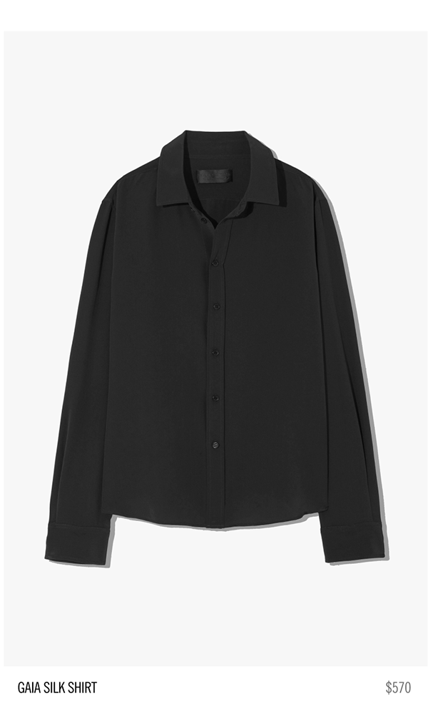 Black silk shirt with long sleeves and button-up front.