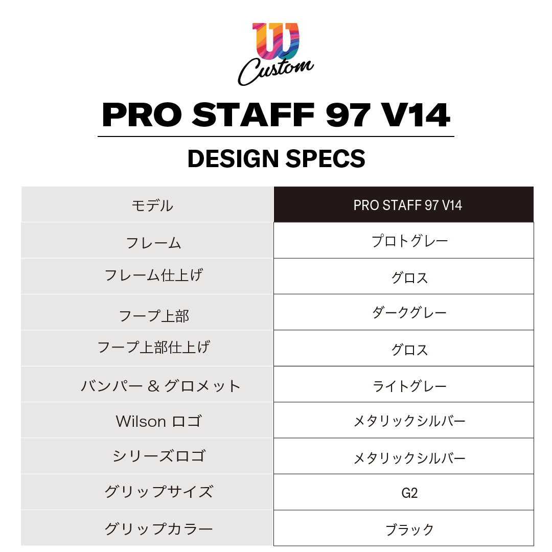 Design specifications for the Pro Staff 97 V14 tennis racket.