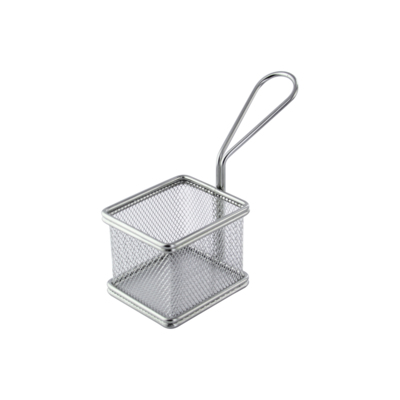 A small square metal fryer basket