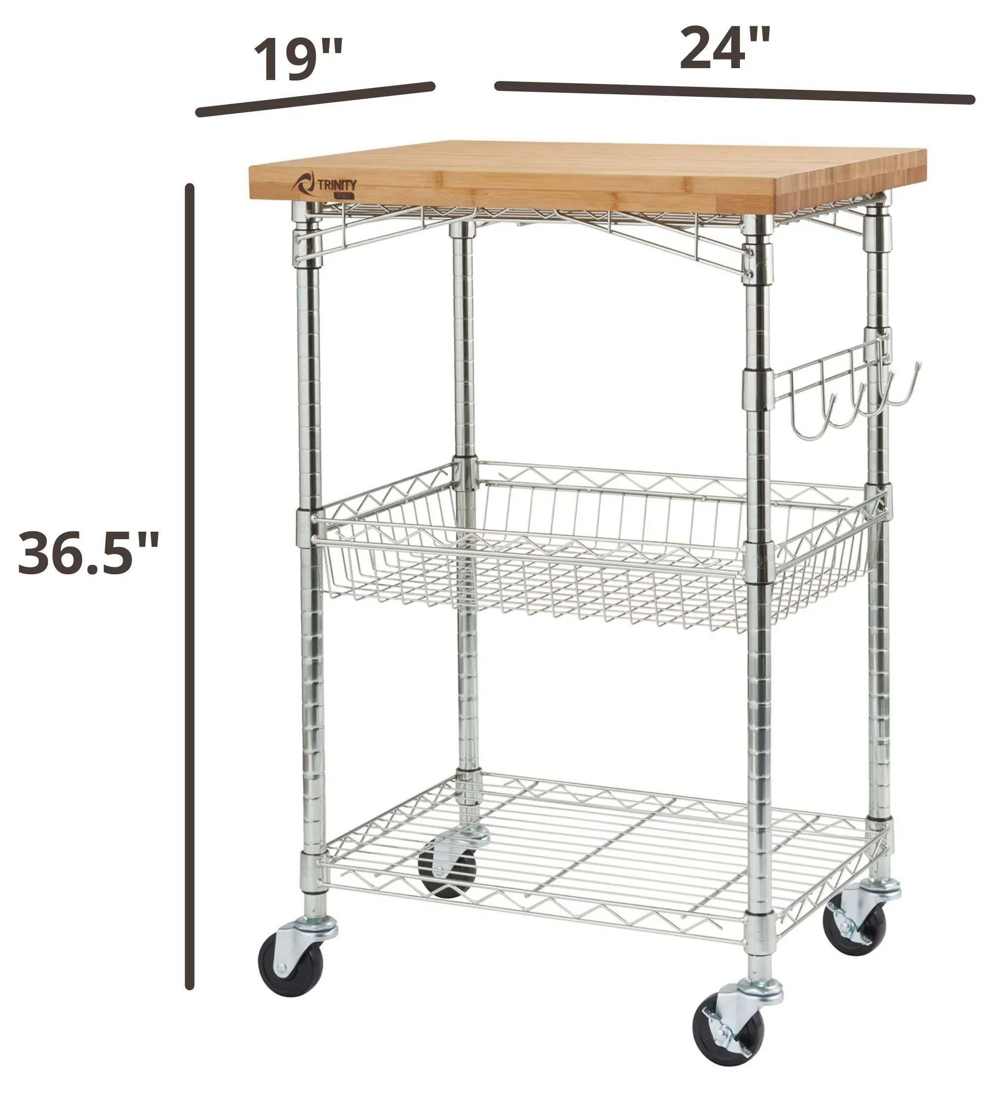 36.5 inches tall by 24 inches wide by 19 inches deep chrome kitchen cart