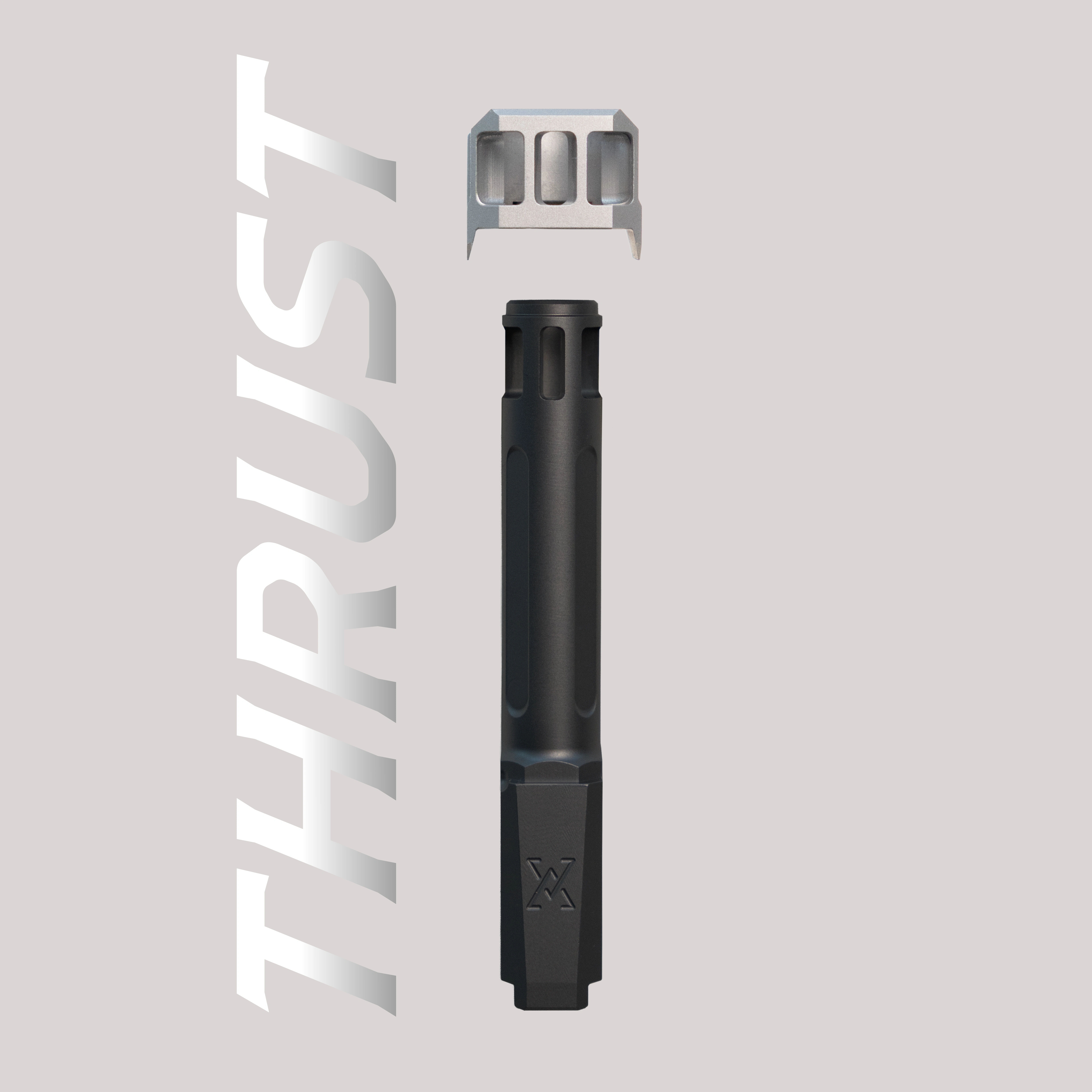 Black thrust component with a silver attachment on a light background.