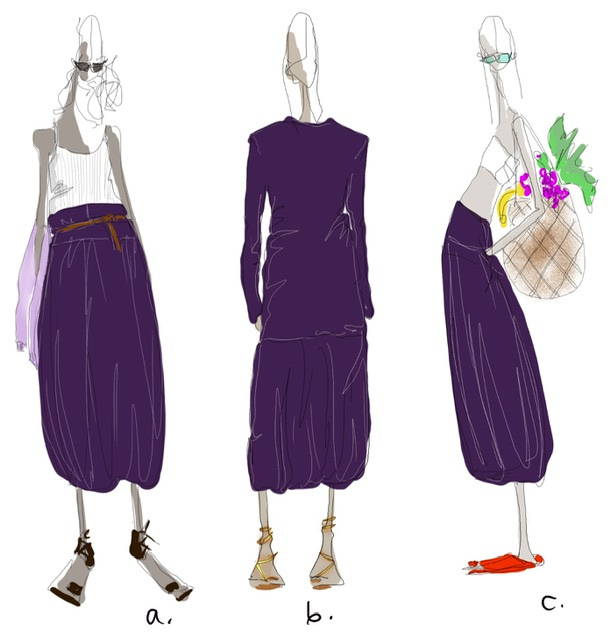 Three illustrated women in purple outfits