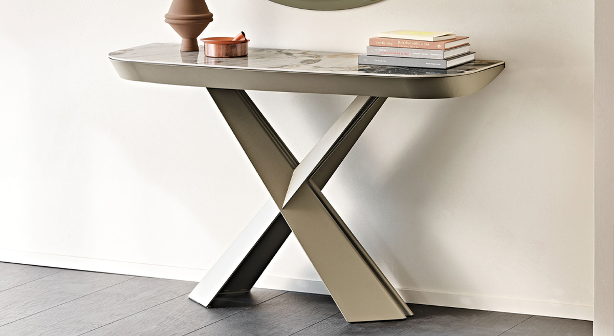 Modern Terminal Keramik Console and Dining table by Cattelan Italia, chairs, and abstract wall art.