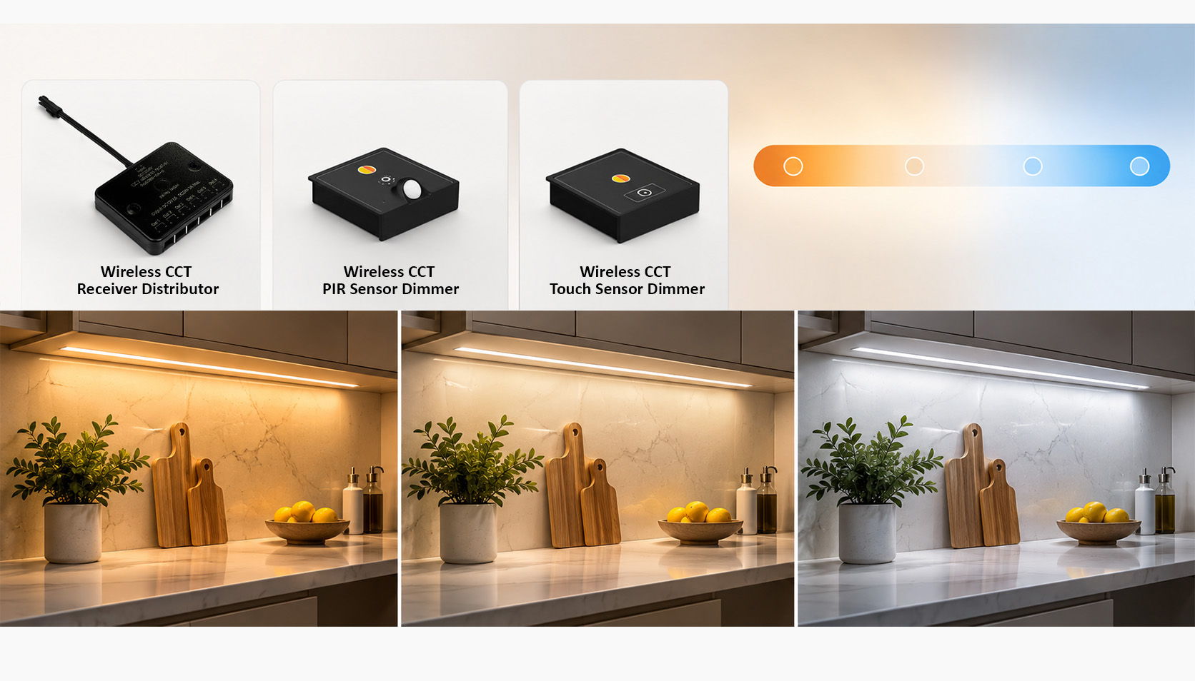 CCT Wireless Cabinet Lighting Controls with Receiver, PIR Motion and Touch Sensor Dimmers