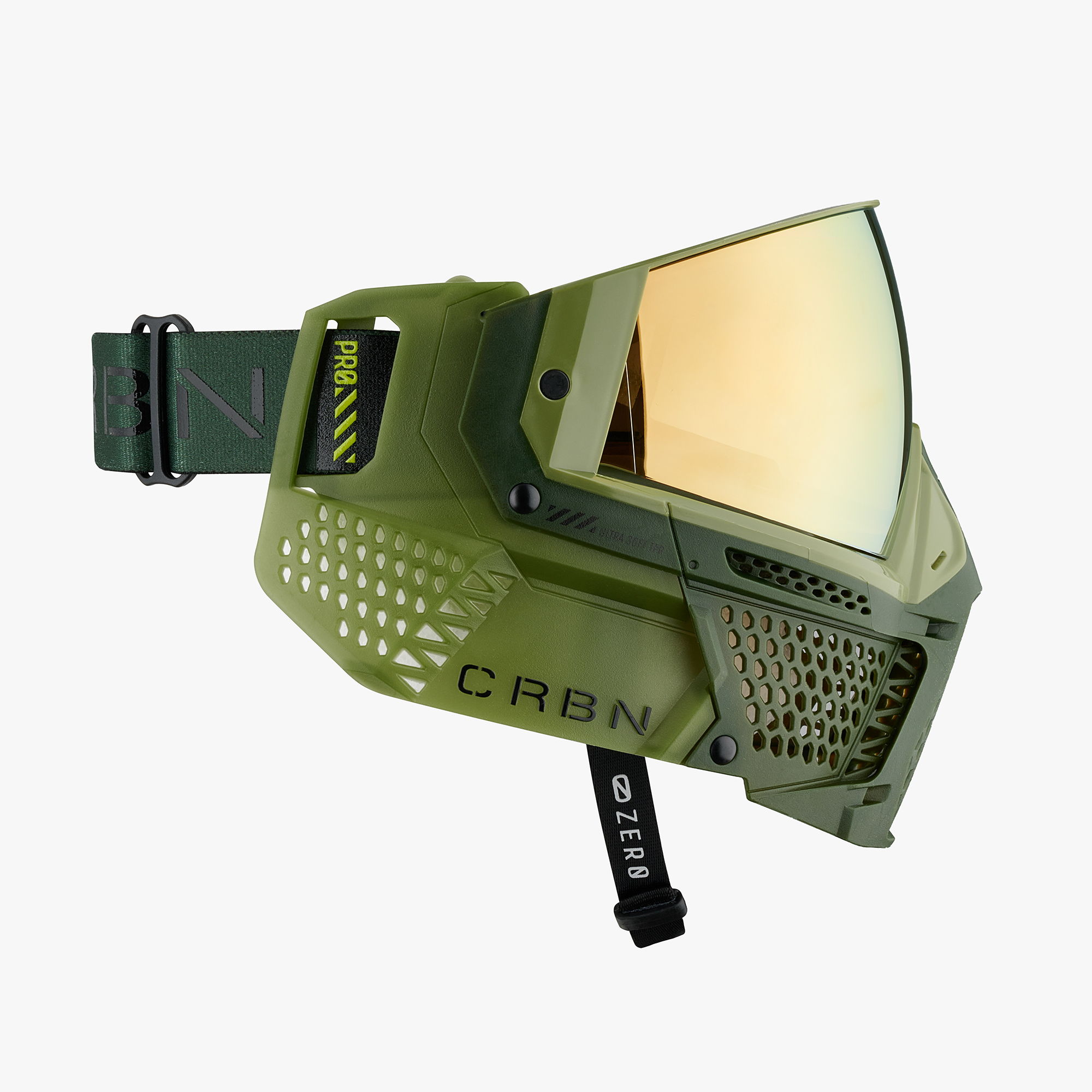 Green protective mask with a visor and adjustable strap.