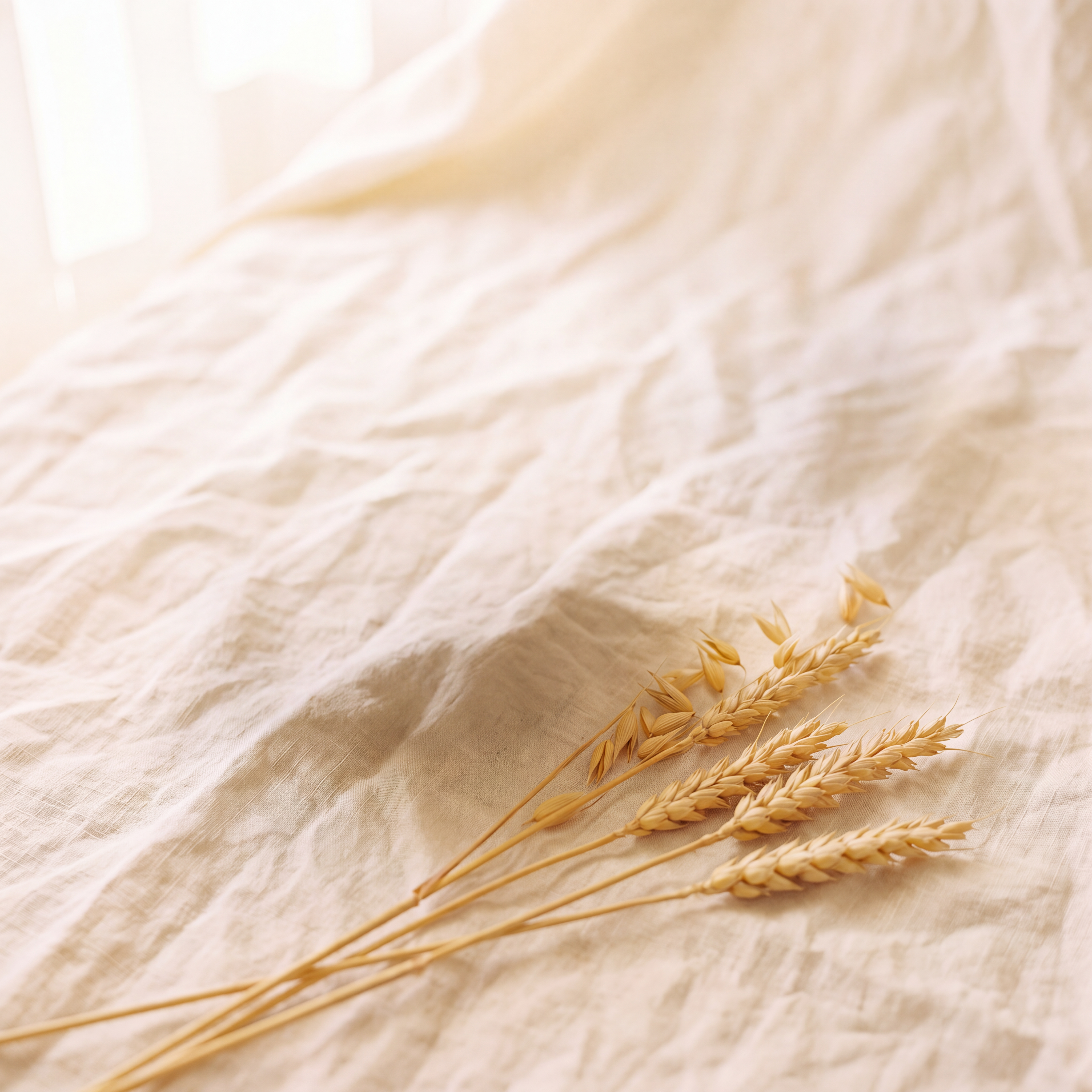 Dried wheat stalks on a light fabric background.