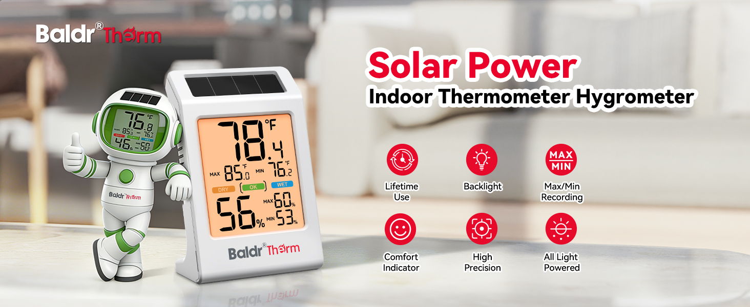 Solar-powered indoor thermometer and hygrometer with display and features.