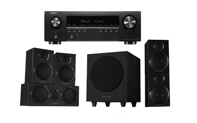 Home audio system with speakers and receiver in black.