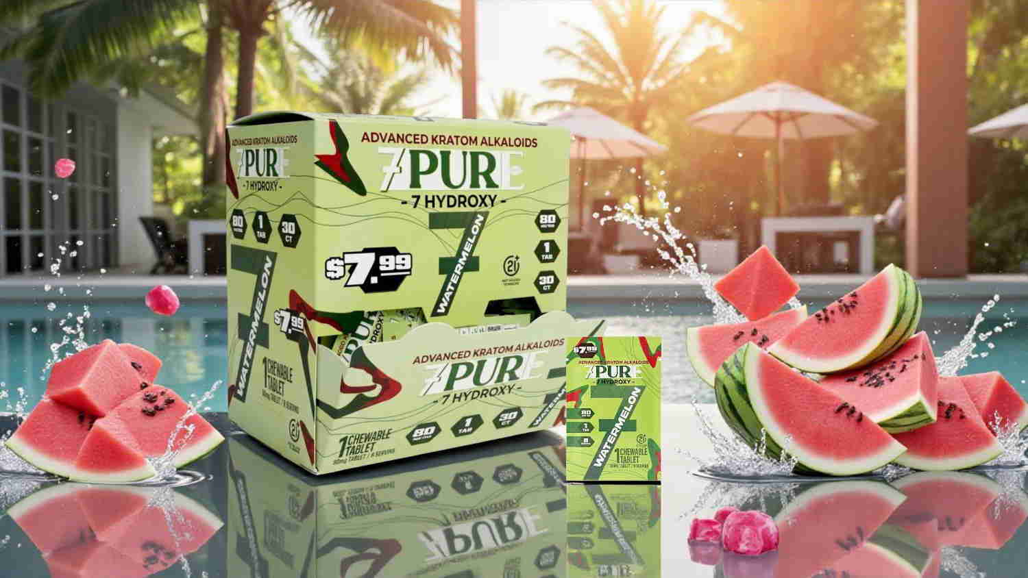 Box of watermelon-flavored product beside fresh watermelon slices by a pool.