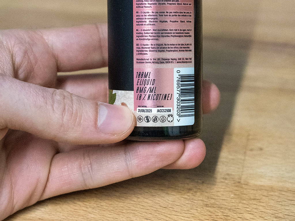A photo showing the expiry date on a bottle of e-liquid.