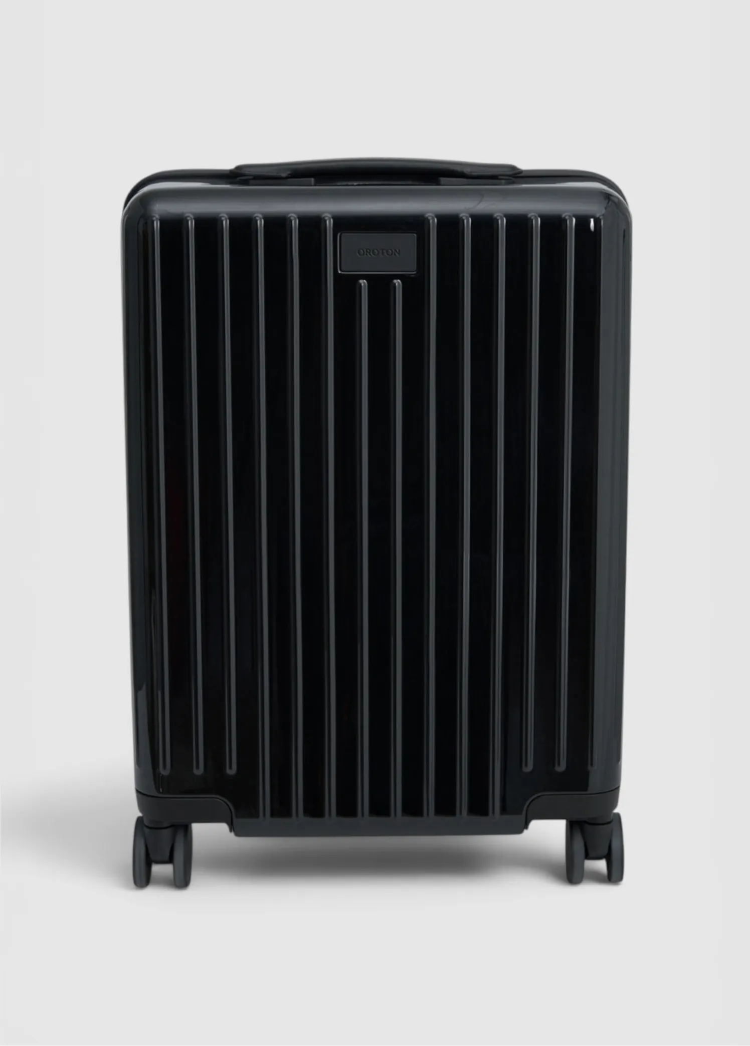 Black vertical striped suitcase on wheels.