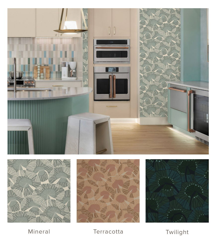 Kitchen interior with patterned wallpapers and color samples below.