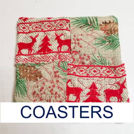 A coaster made out of holiday themed canvas fabrics
