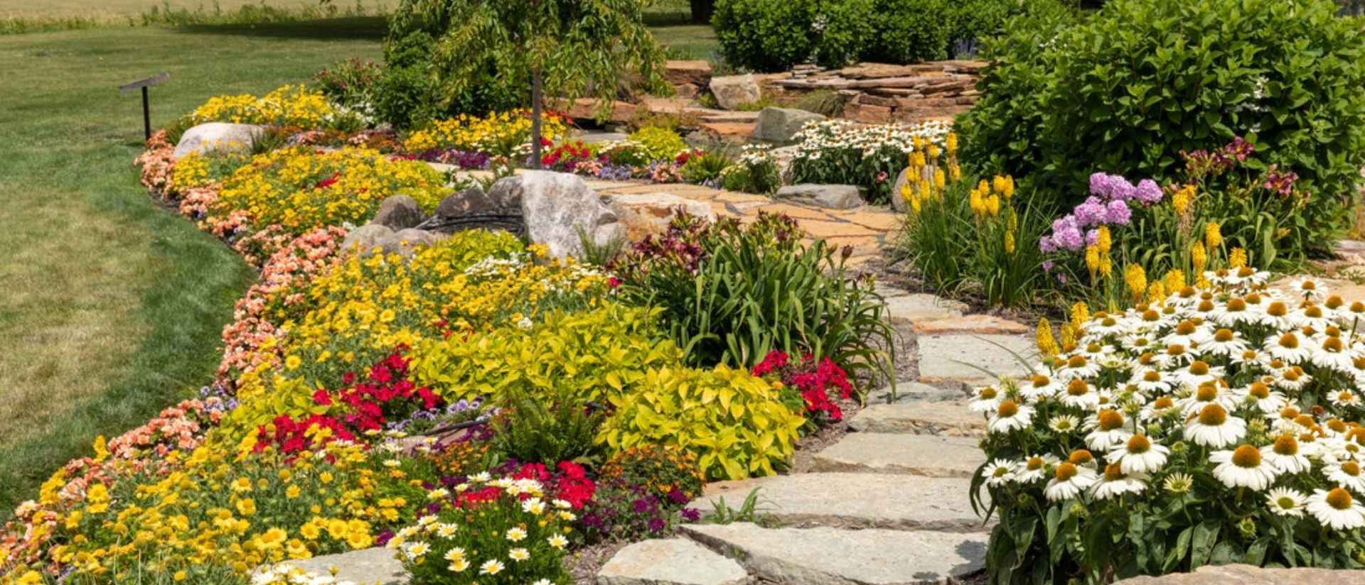 Proven Winners display garden planted with colorful annuals, perennials, and shrubs