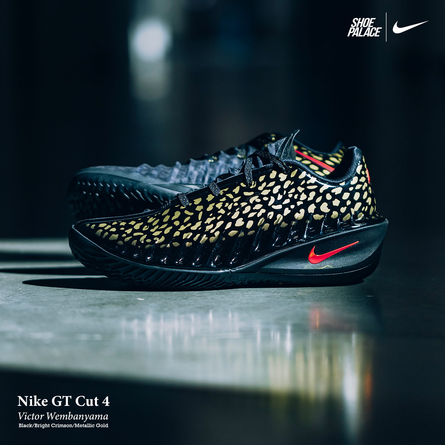 Nike GT Cut 4 basketball shoes with a unique black and gold design.