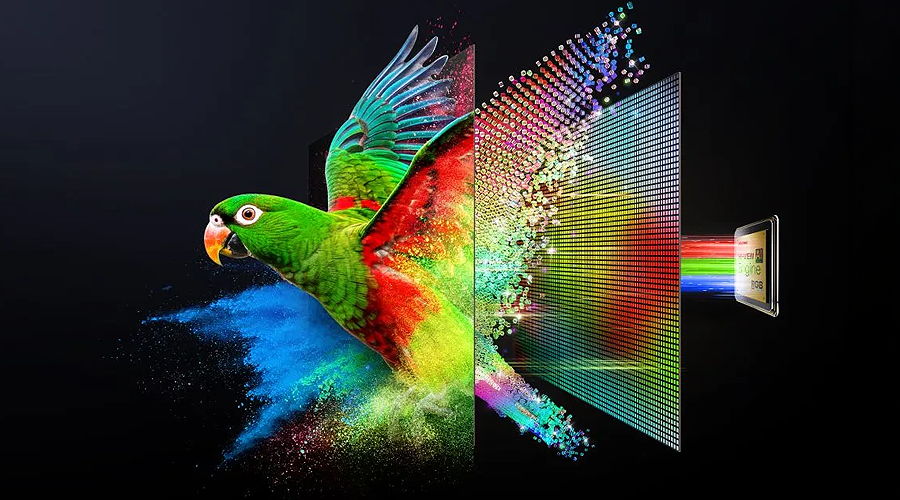 Colorful parrot flying out of a screen with vibrant splashes.