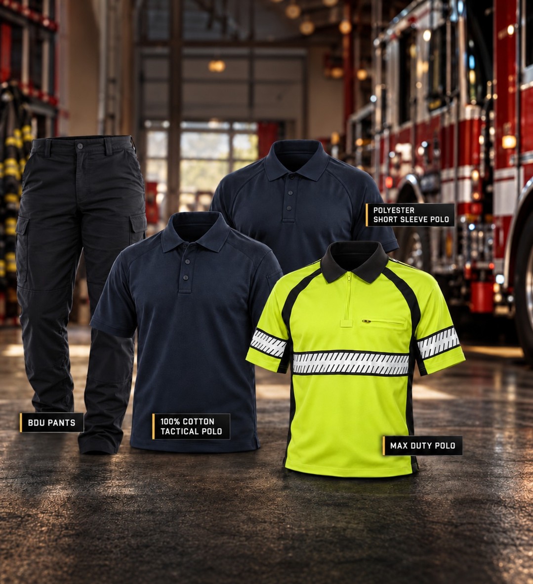 Firefighter apparel display: pants and various polo shirts in a fire station.