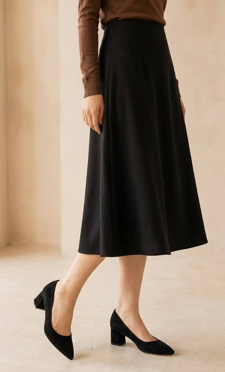 Woman wearing a brown top, black skirt, and black heels.