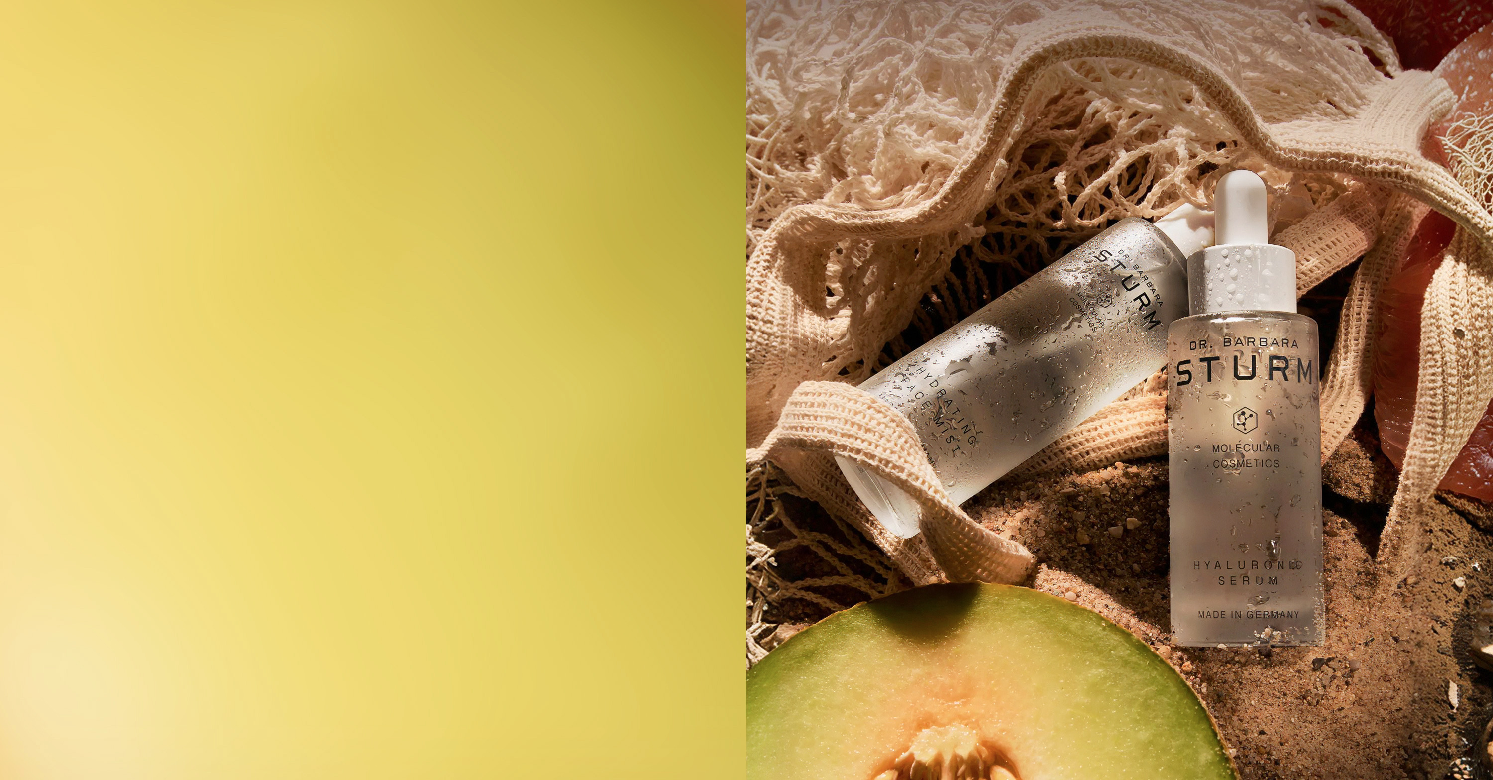 Bottles of skincare products beside an avocado on a textured surface.