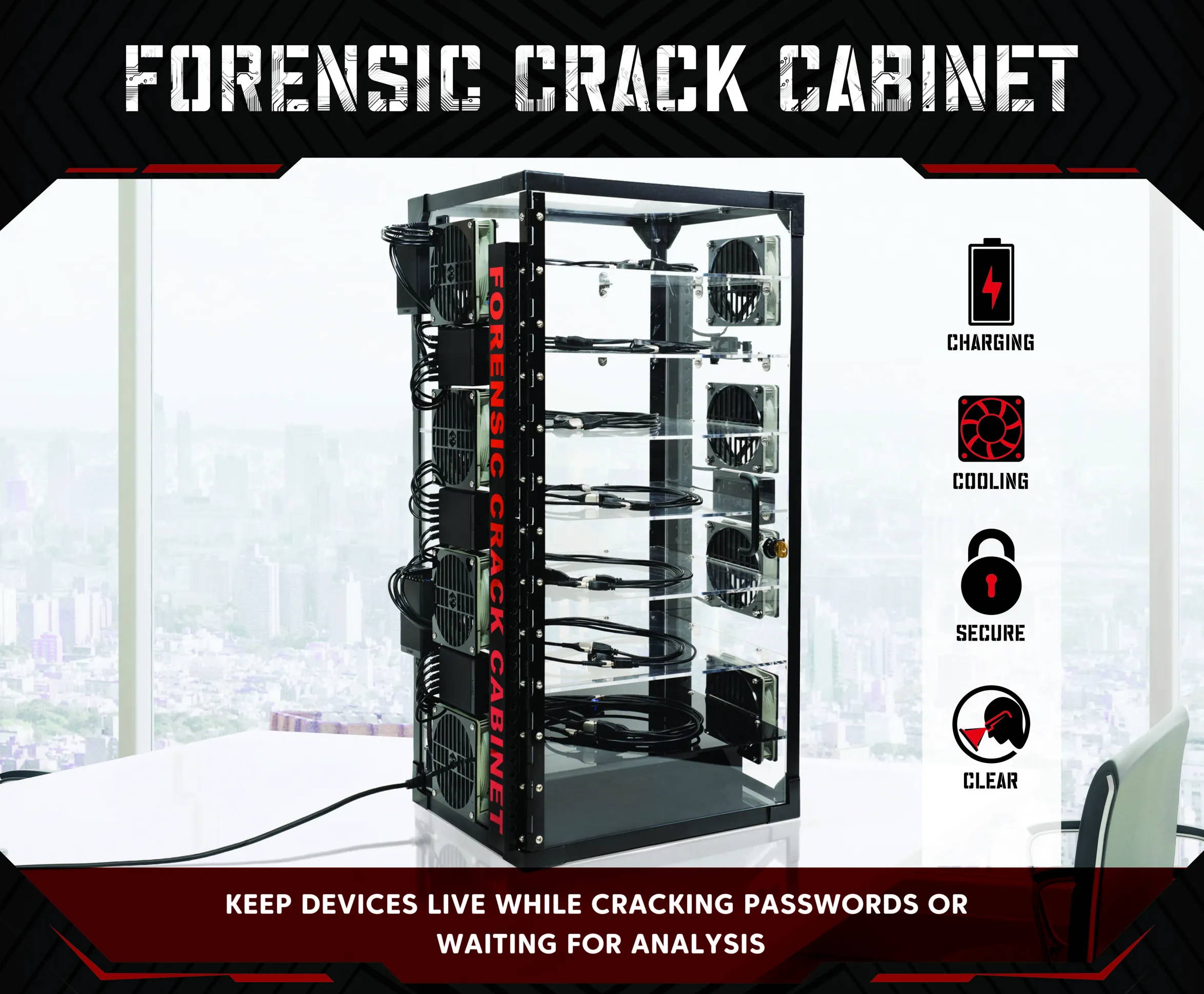 Mission Darkness Forensic Crack Cabinet charges cools and secures mobile devices