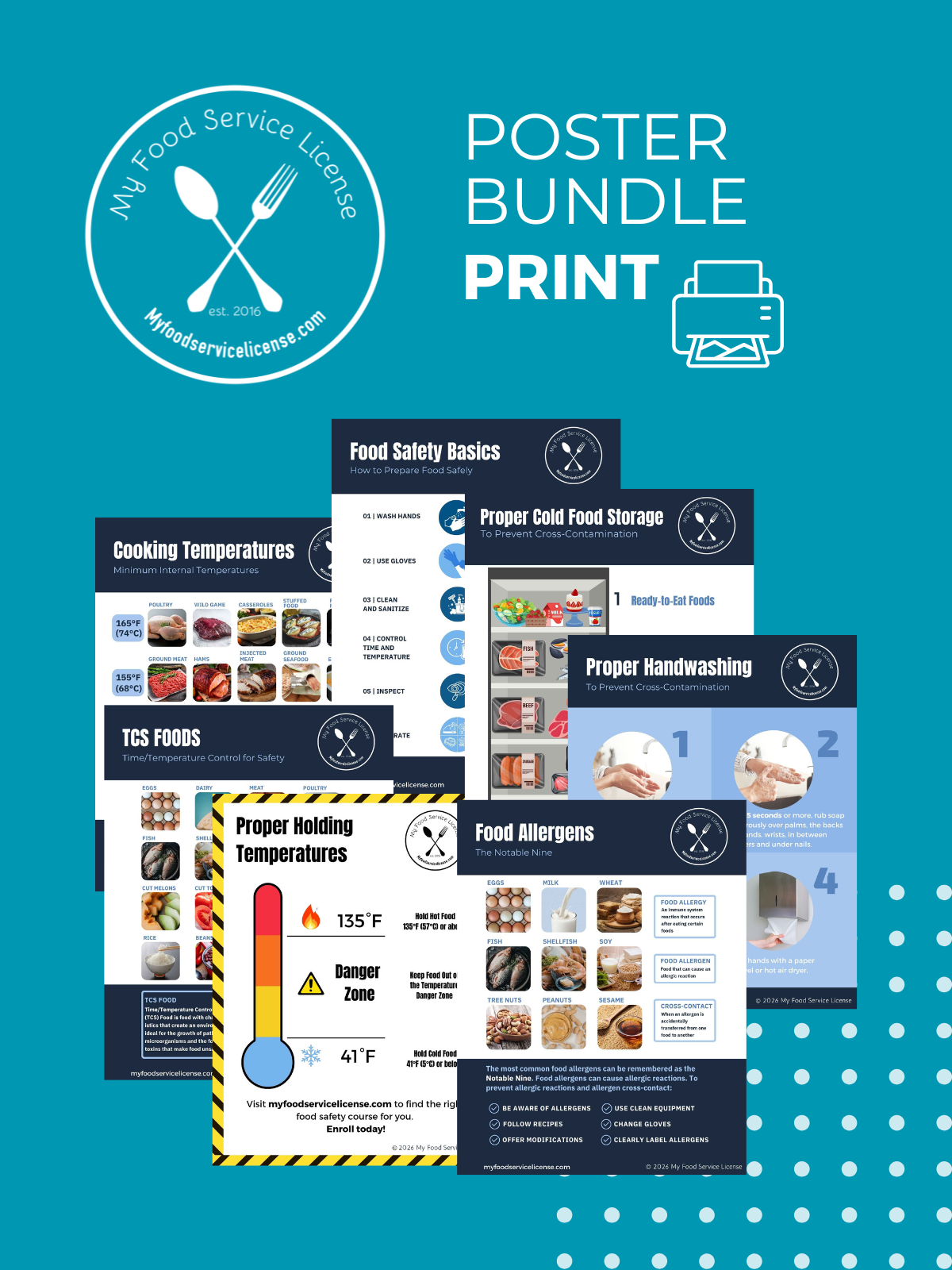 Food safety poster bundle for food service guidelines and practices.