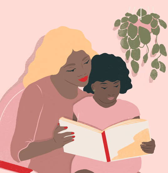 mãe negra lendo com sua filha um livro sobre o racismo estrutural