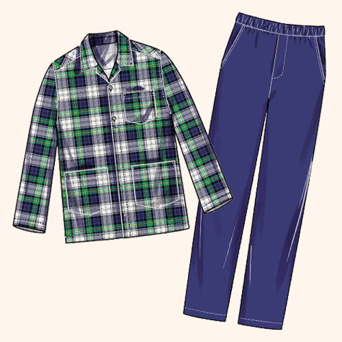 Plaid pajama shirt and solid navy pajama pants set on a light background.