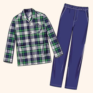 Plaid pajama shirt and solid navy pajama pants set on a light background.